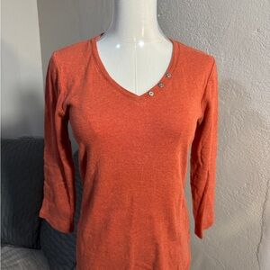 Chico’s Rust Orange V-Neck Long Sleeve Cotton Top | Size 0 (Small)